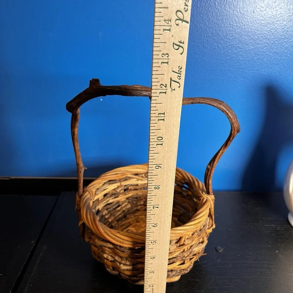 VTG Hand Woven Basket Twisted Root Twig Branch Crooked Handle